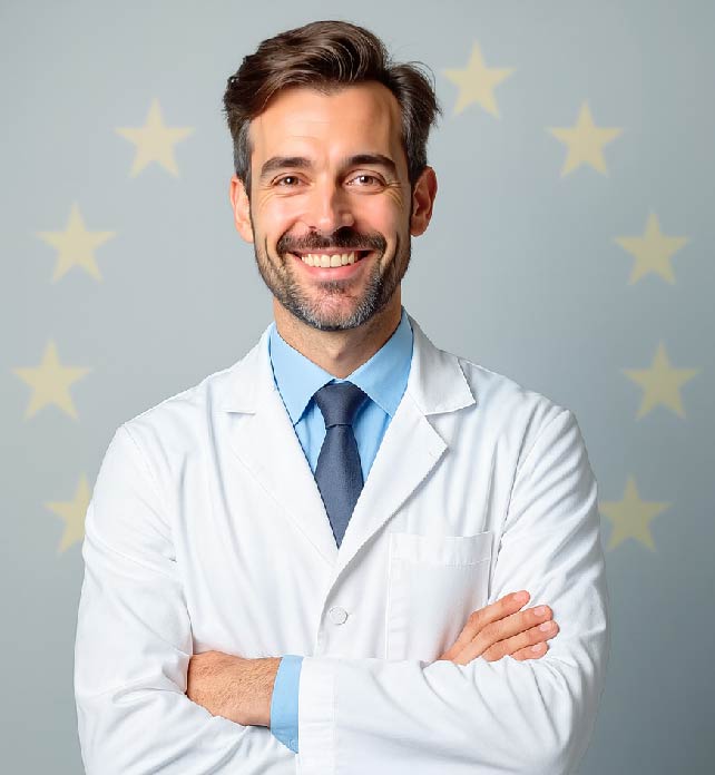 Horizon Europe Cardiologist – Research Collaboration Confident cardiologist in white coat with EU stars background