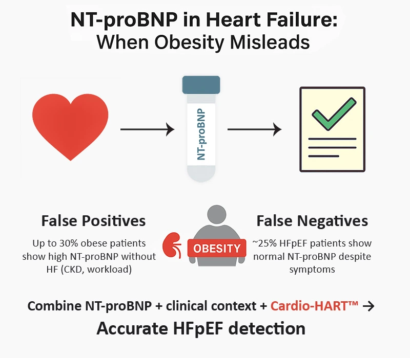 NT-proBNP in Heart Failure: When Obesity Leads to False Results NT-proBNP in Heart Failure infographic: obesity causes 30% false positives and 25% false negatives, complicating HFpEF diagnosis.