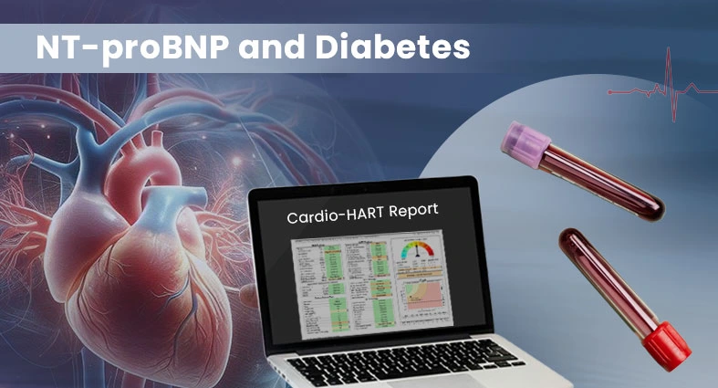 NT-proBNP and diabetes — heart illustration, blood vials, and a laptop displaying a Cardio-HART report, illustrating heart-failure diagnosis in diabetic patients