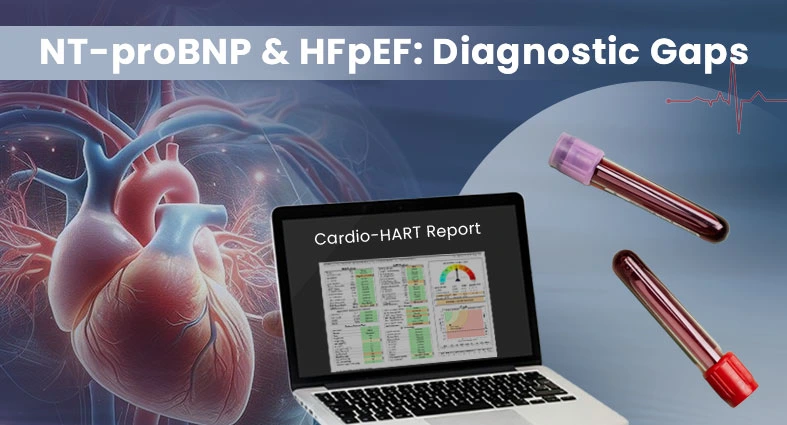 Laptop showing a Cardio-HART report with blood test tubes and a heart illustration, representing NT-proBNP testing and diagnostic gaps in HFpEF.