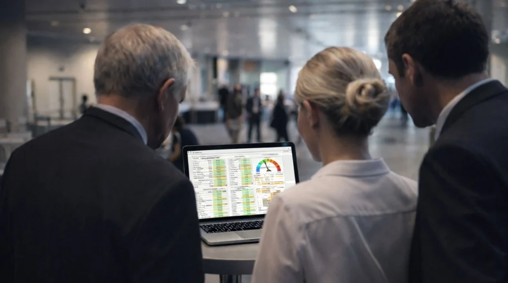 Cardiologists reviewing a CHART cardiac diagnostic report on a laptop during a medical congress. Heart Failure Missed by ECG