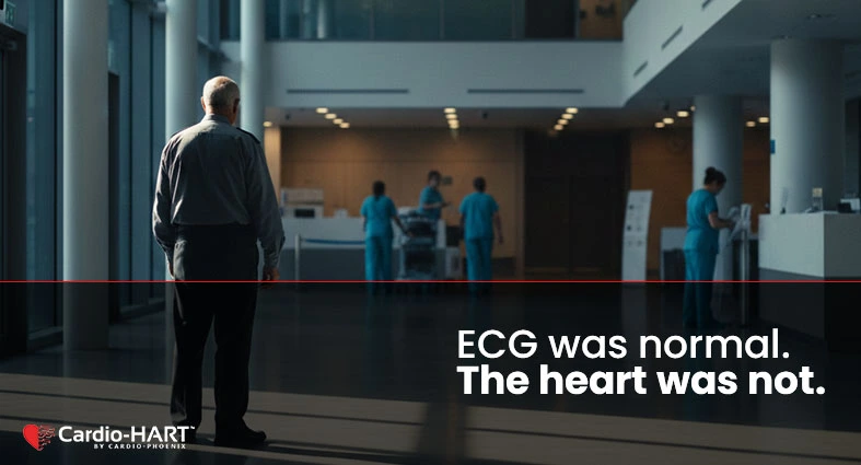 ECG is failing us as an elderly patient waits in a hospital corridor despite a normal ECG result