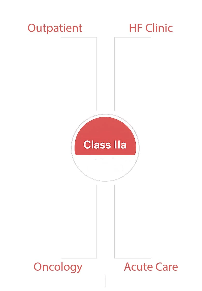 Minimalist vertical diagram showing Class IIa at the center connected to Outpatient Care, Heart Failure Clinic, Oncology, and Acute Care, illustrating supportive clinical integration across care settings.