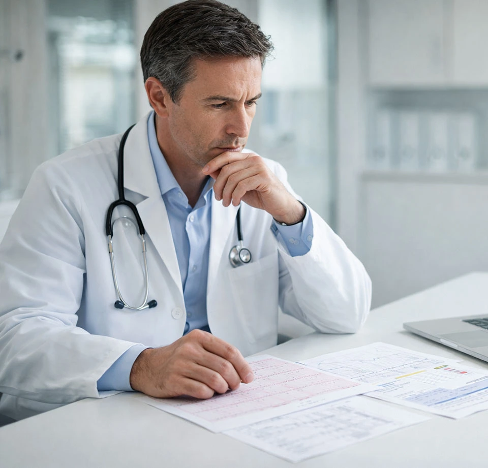 Cardiologist reviewing ECG strip and biomarker laboratory report while analyzing results on a laptop in a modern clinical office setting