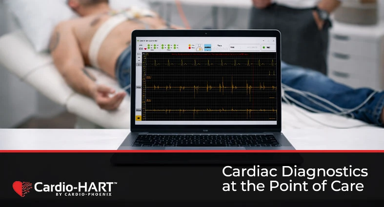 Cardio-HART cardiac diagnostic system displayed on a laptop in a primary care setting while a patient undergoes ECG-based cardiac assessment