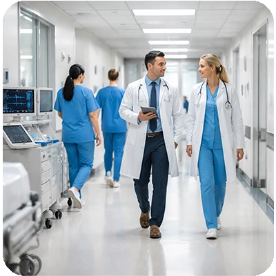 Modern healthcare system environment with clinicians using advanced cardiac diagnostics to improve early detection and optimize patient pathways