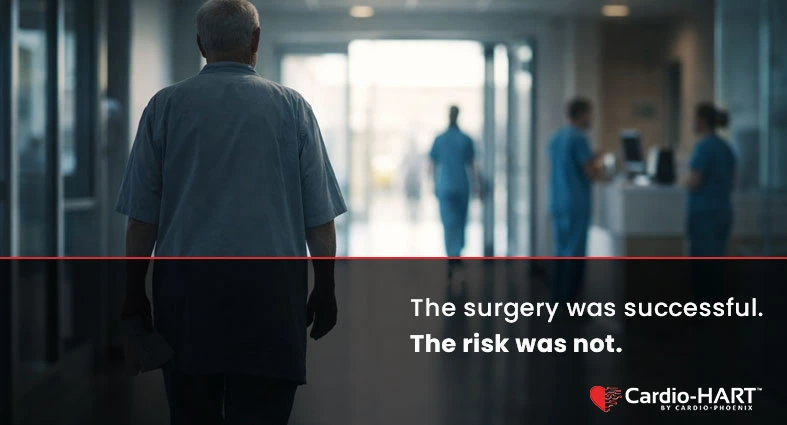 Post-operative cardiac injury detection showing patient leaving hospital after surgery with undetected cardiac risk